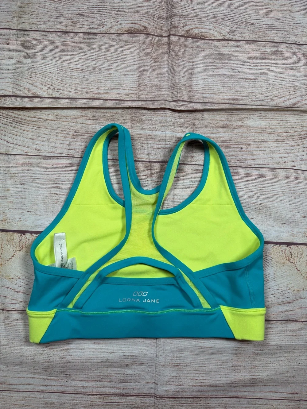Lorna Jane Teal & Neon Lime Racerback Sports Bra - workout, running, lifting